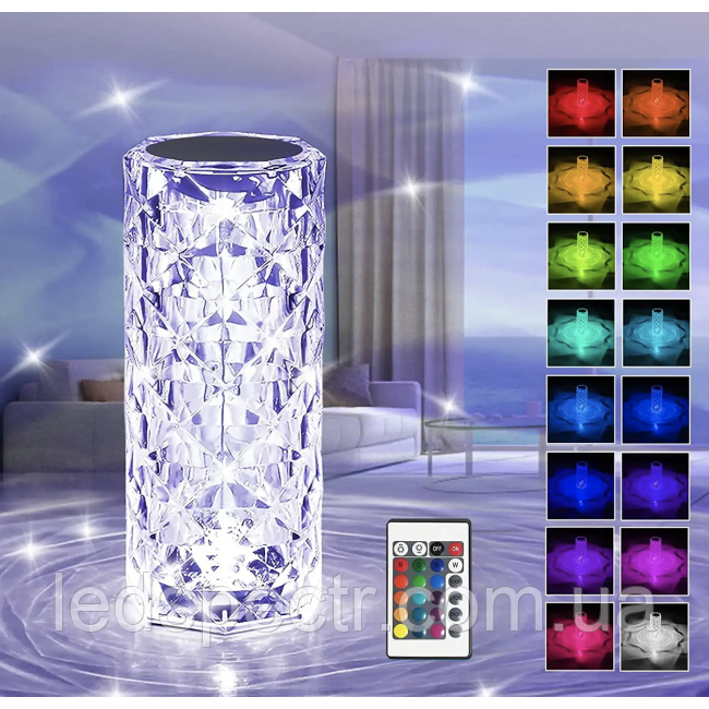 Кришталева настільна лампа Ромб Rgb Crystal Rose, 4 режими сенсорне керування USB