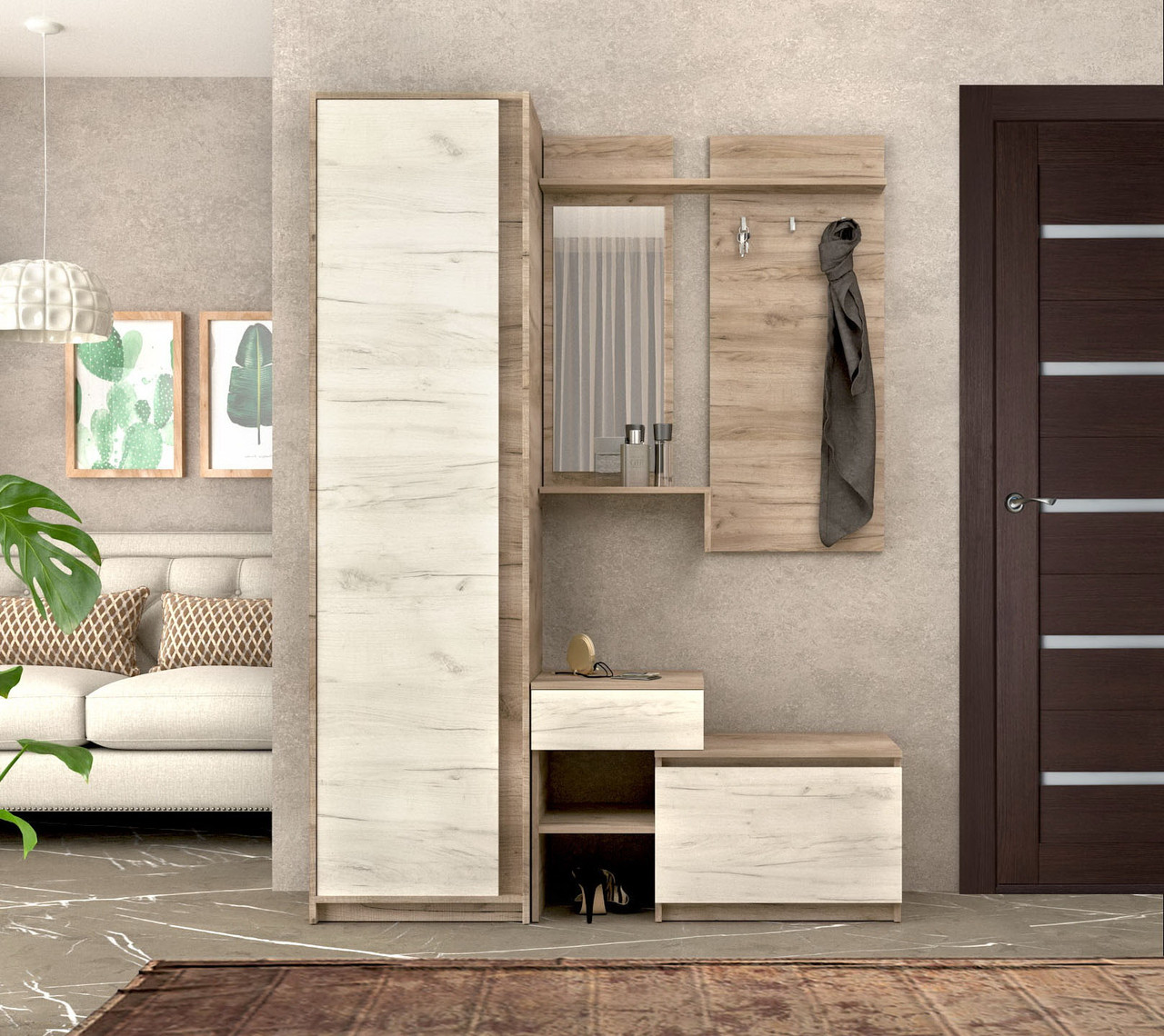 Передпокій з шафою Компанит Брайтон Дуб крафт сірий + Дуб крафт білий (142х37,6х200 см), фото 1