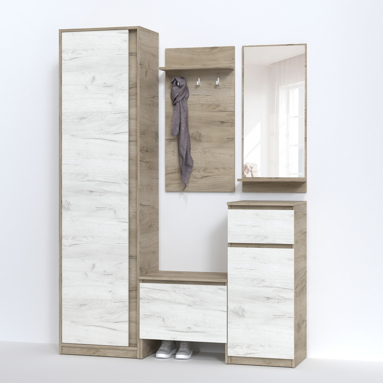 Передпокій з шафою Компанит Брайтон Дуб крафт сірий + Дуб крафт білий (147х37,6х200 см), фото 1