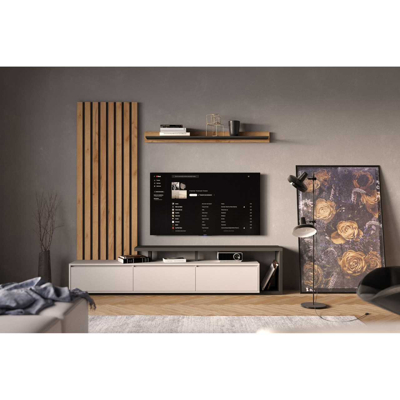 Вітальня (стінка) Клер з ЛДСП Gerbor Попелястий/Антрацит/Дуб крафт золотий, фото 1