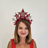 Аксесуар для новорічної фотосесії Новорічний обруч зі срібними та червоними зірками. Новорічна корона, фото 3