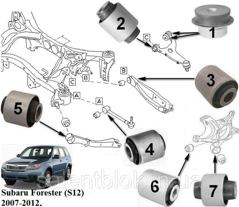 Сайлентблоки Forester (S12) 2007-2012 ЗАД 16шт комплект (8 оригінальних +8 MetGum)