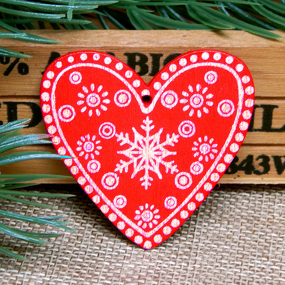 Ялинкові прикраси, підвіска «Сердечко» з новорічним орнаментом, дерев’яна, 5 см, червоний