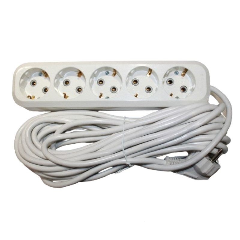 Подовжувач із заземленням 5 гнізд, 10 м, білий, фото 1