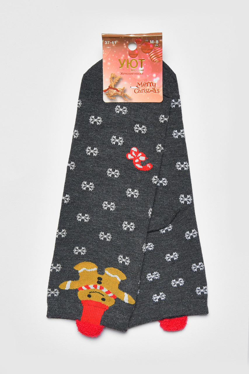 Шкарпетки жіночі з новорічним принтом сірого кольору р.37-41 190961S, фото 1