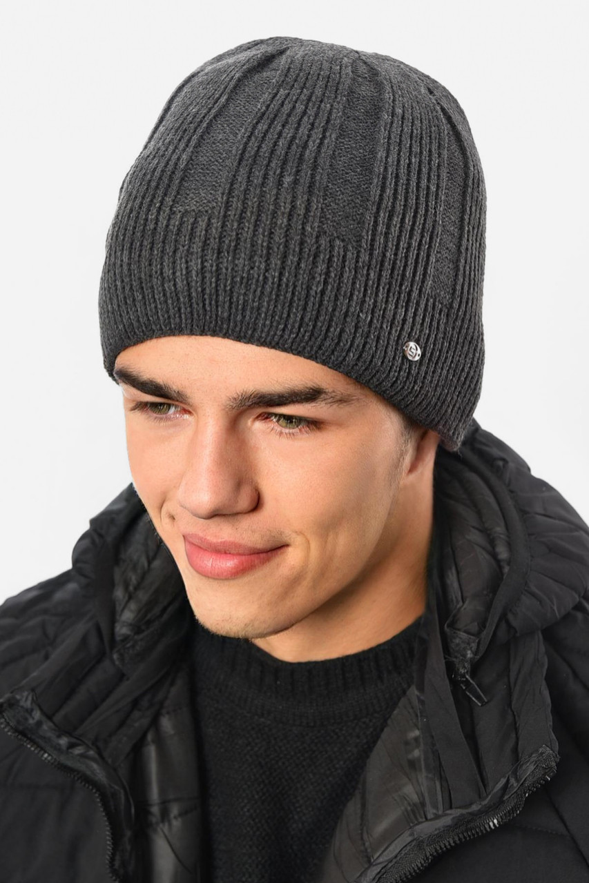 Шапка чоловіча на флісі темно-сірого кольору 193766M, фото 1