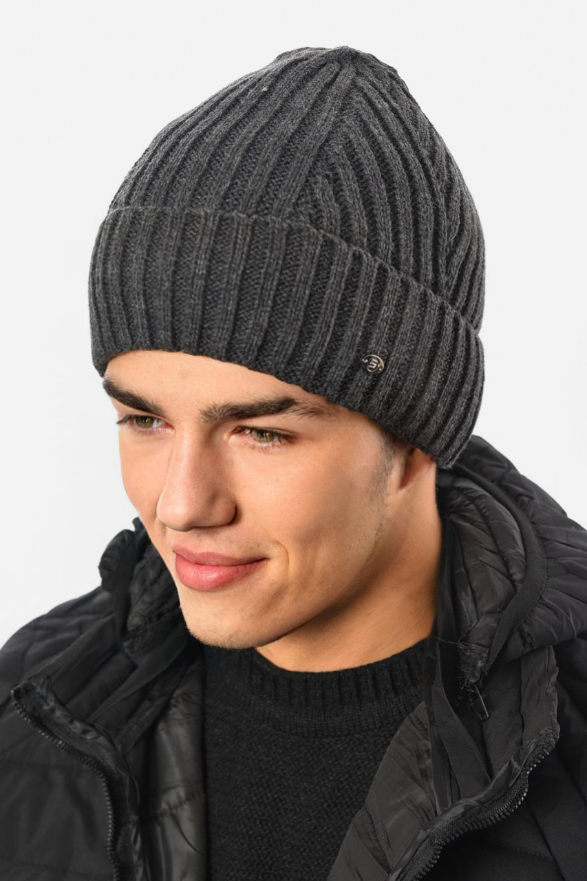Шапка чоловіча на флісі темно-сірого кольору 193781M, фото 1