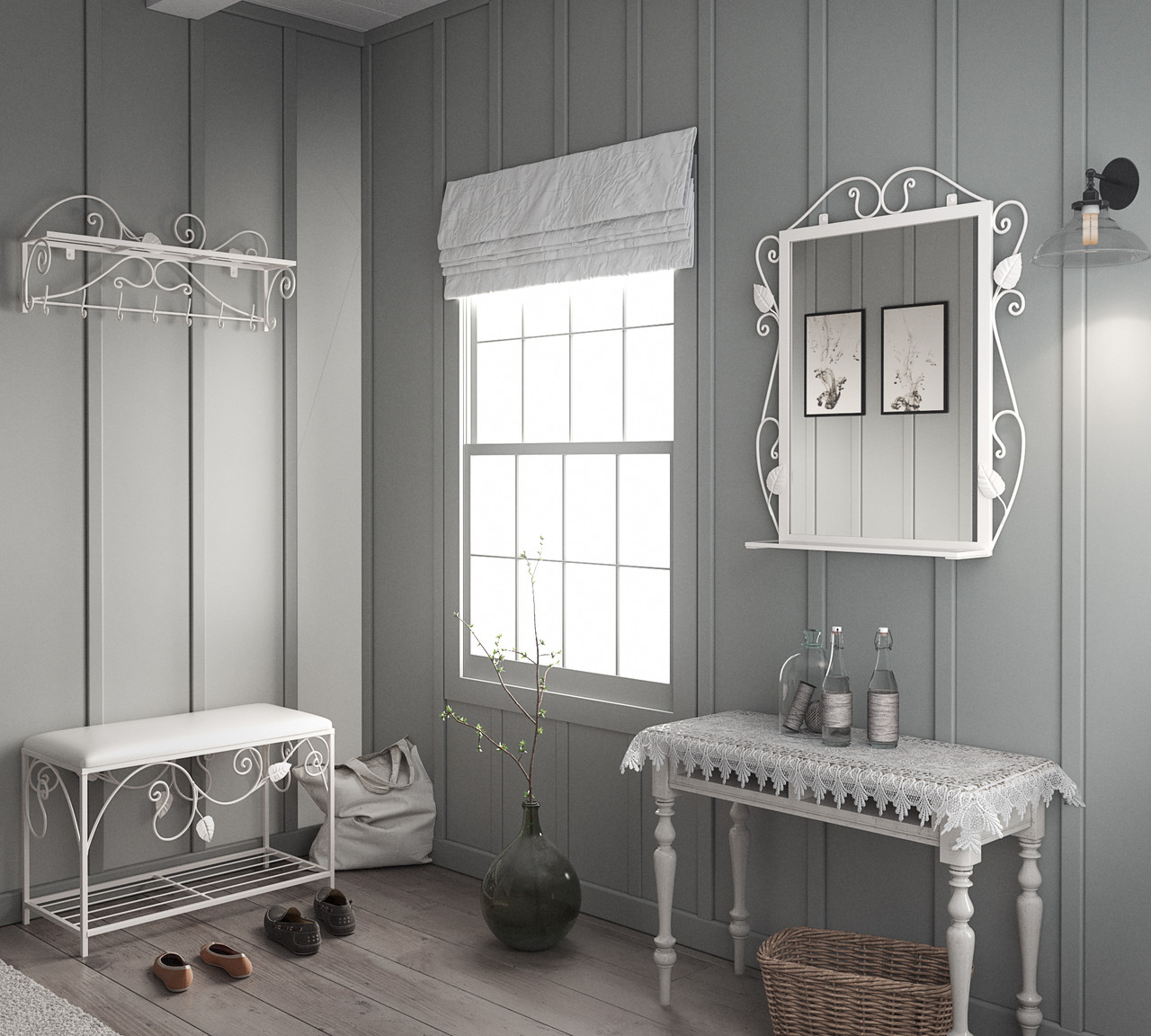 Комплект передпокою: вішалка/пуф/дзеркало Tenero Хілтон Білий (1590), фото 1