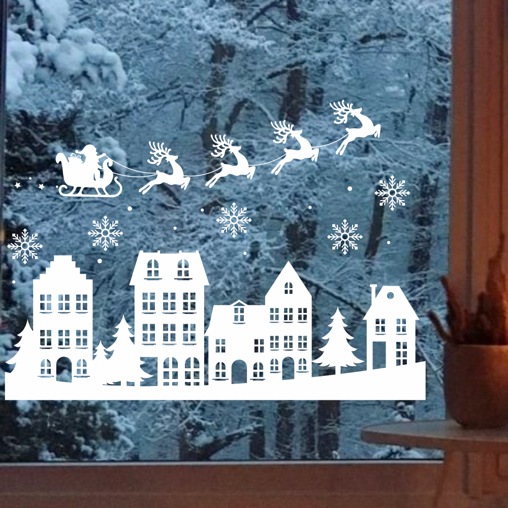Новорічні наклейки Санта над засніженим містом сніжинки будиночки Happy Pocket Набір S 47см матова Білий, фото 1