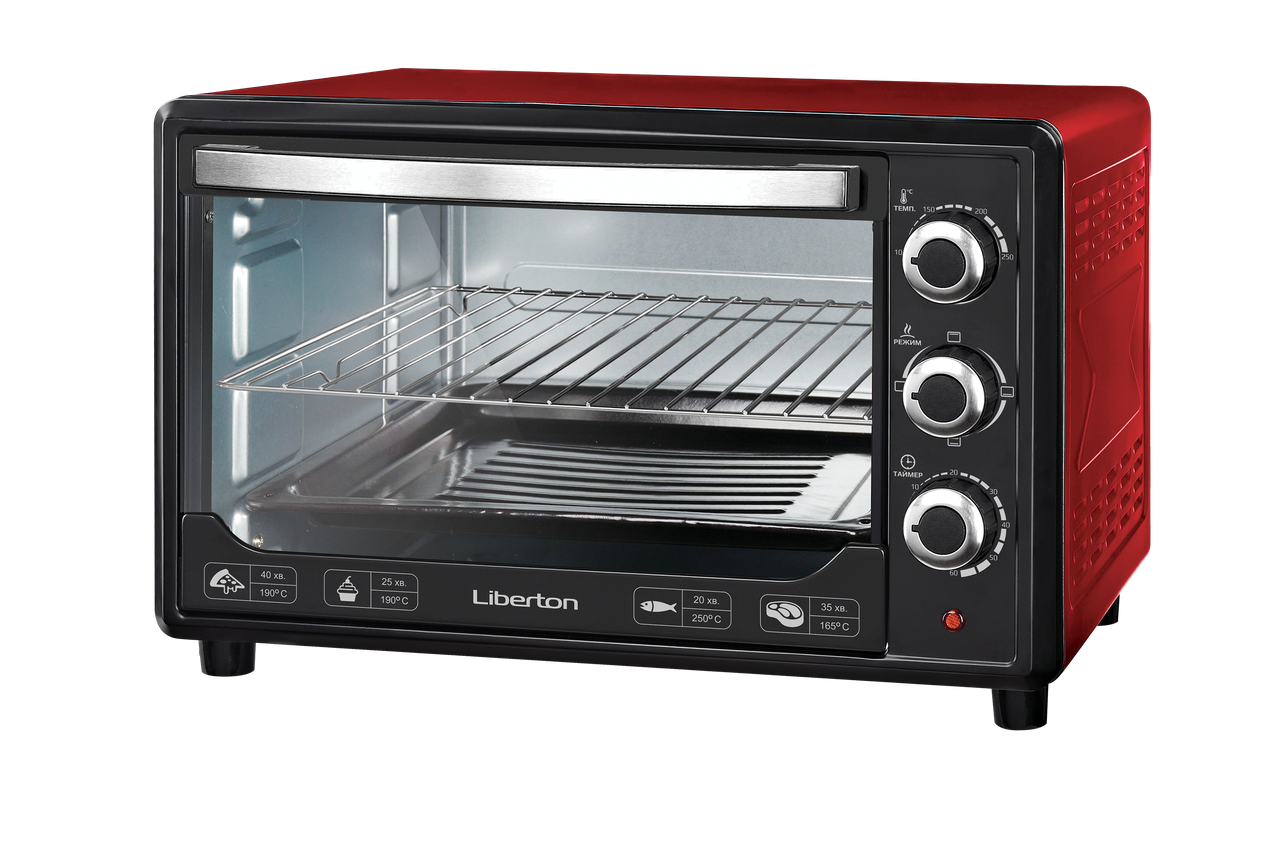 Електродуховка Liberton LEO-380 RED 1600Вт, об'єм 38л, 3 режими, макс. таймер, температура 250°C, червоний