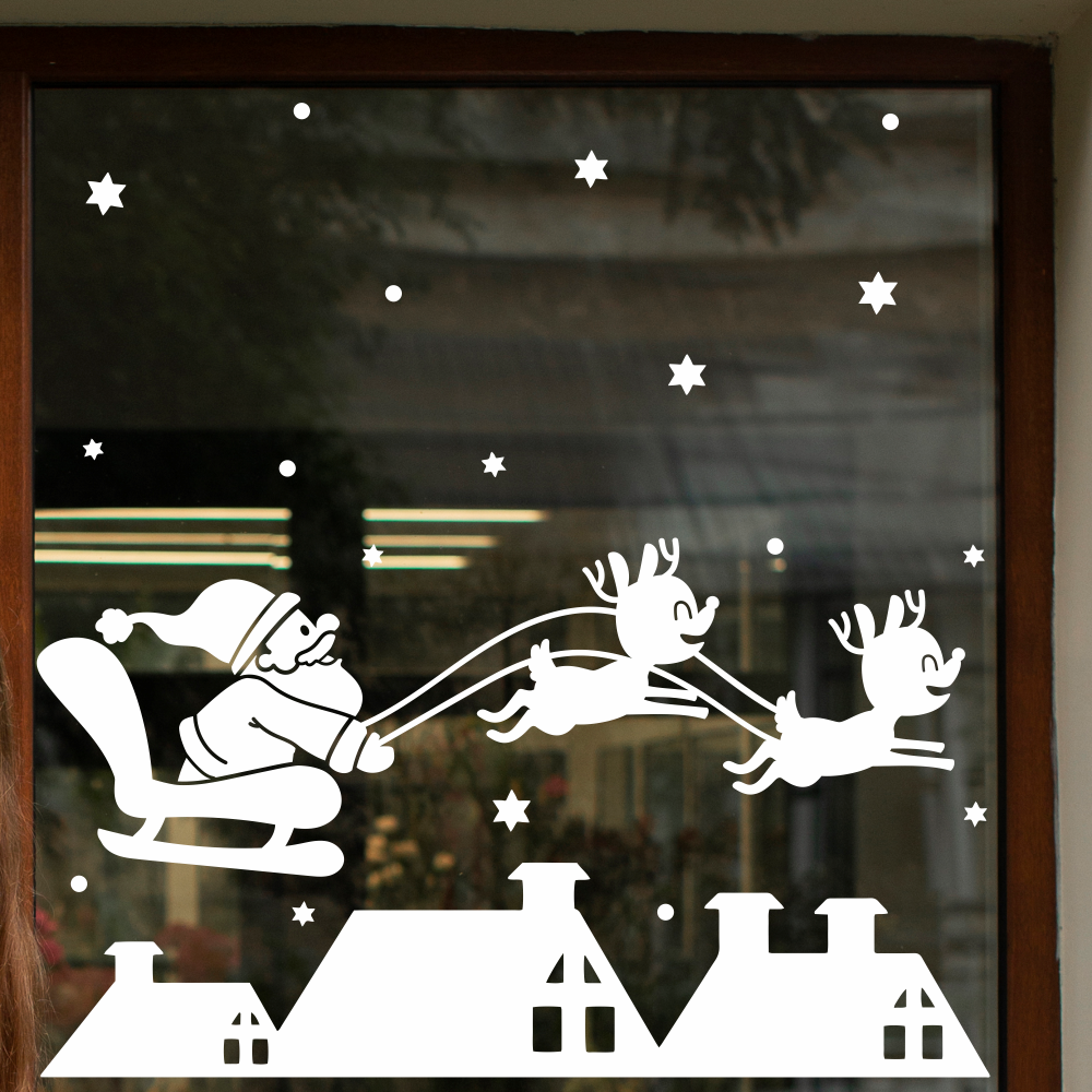 Новорічні наклейки на вікна Санта з оленями над дахами будинків зірки Happy Pocket Набір S 48см Білий матова, фото 1