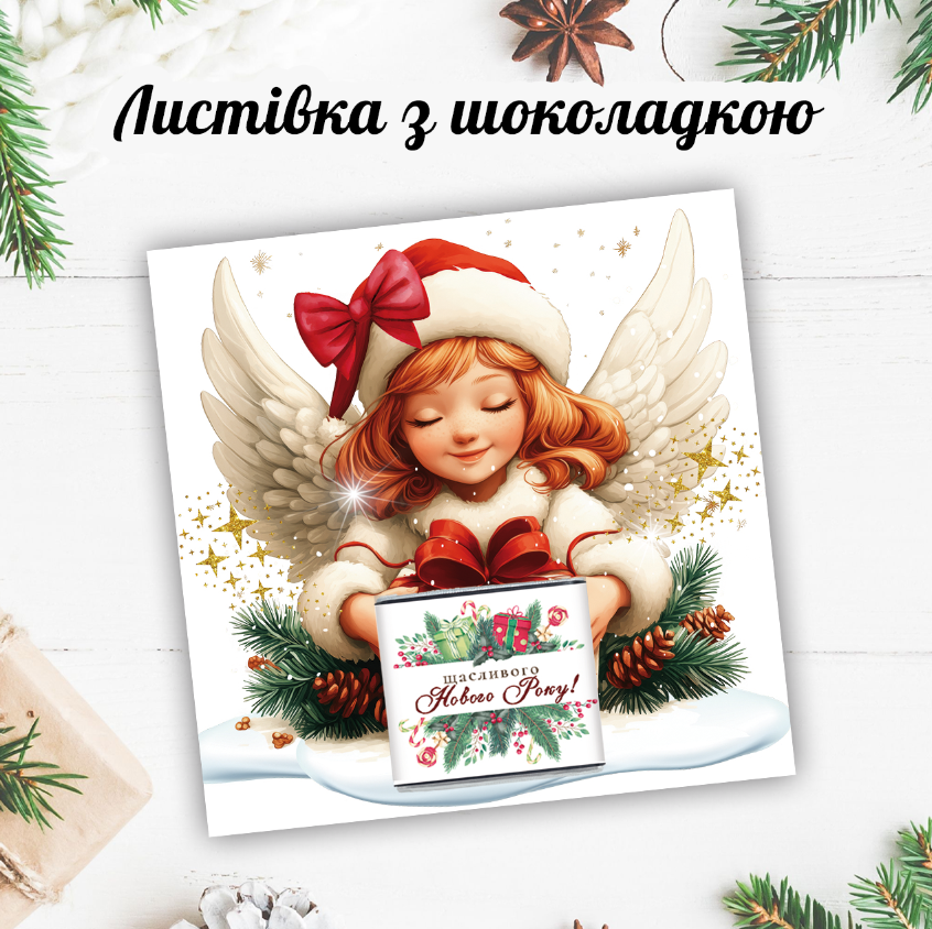 Новорічна листівка з міні шоколадкою "Дівчинка з подарунком" (поштучно), фото 1