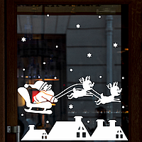 Вінілові новорічні наклейки Санта з оленями над дахами будинків зірки Happy Pocket Набір S 48см Білий матова