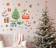 Різдвяні наліпки для декору Святкова Ялинка та Подарунки  Акварельні стікери на стіну M 1100х500мм