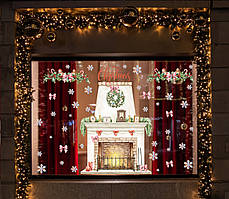 Новорічний набір наліпок на вітрину Елегантне Різдво стікери на вікно, білий камін,  декор розмір листа 1100*1000мм