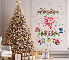 Новорічні наліпки набір Happy New Year Стікери на стіну, подарунки, сніговики, сніжинки декор кафе розмір листа M 1100х500мм