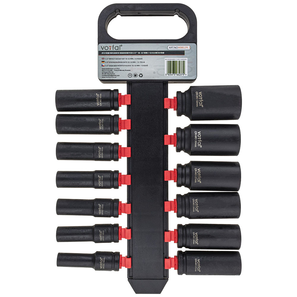 Набір ударних торцевих головок 1/2" (10-32 мм) CR-MO на холдері 13 од. Vorfal V08129_1, фото 1