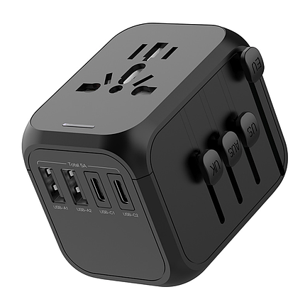 Універсальний адаптер для подорожей чорний USB TYPE C Travel Adapter Перехідник для всіх типів розеток, фото 1
