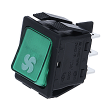 Кнопка KCD2 (230V 16A 2CO 6 контактів) "вентилятор" зелена монтажні розміри 30x22 мм універсальна