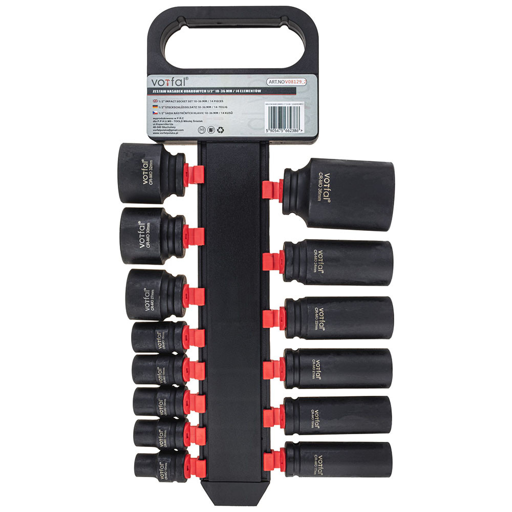 Набір ударних торцевих головок 1/2″ короткі+довгі (10-32 мм) CR-MO на холдері 14 од. Vorfal V08129_2, фото 1