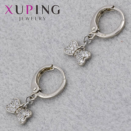 Серёжки застежка в виде кольца сребристого цвета Xuping Jewelry покрыты родием колечки бантики 20х10 мм, фото 1