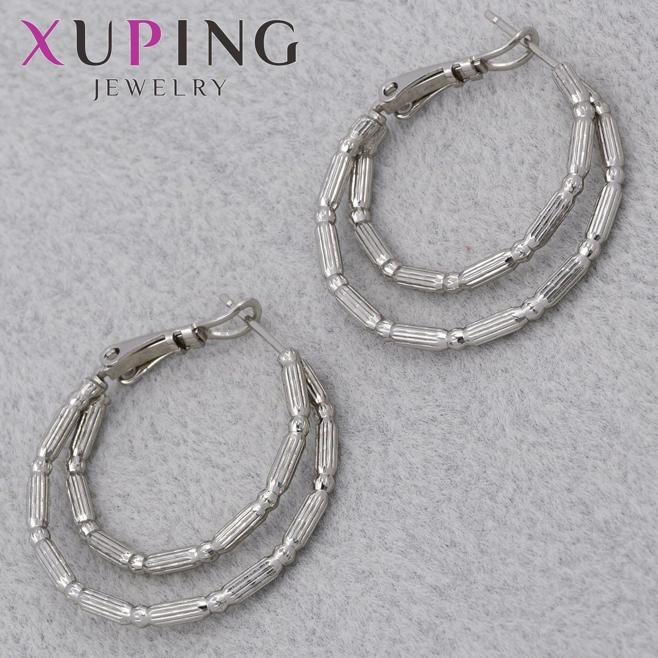 Серёжки застежка петля сребристого цвета Xuping Jewelry покрыты родием двойная окружность без камней Д-30 мм