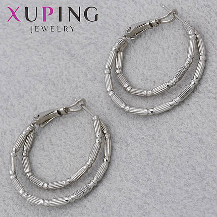 Серёжки застежка петля сребристого цвета Xuping Jewelry покрыты родием двойная окружность без камней Д-30 мм, фото 1