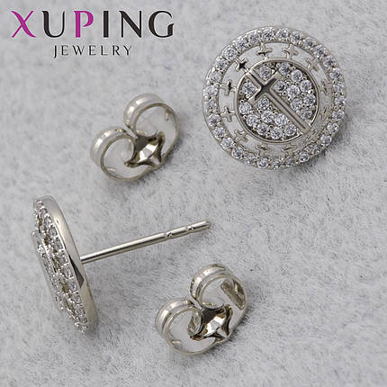 Серёжки гвоздик застежка сребристого цвета Xuping Jewelry покрыты родием круг крестик с кристаллами Д -10 мм, фото 1