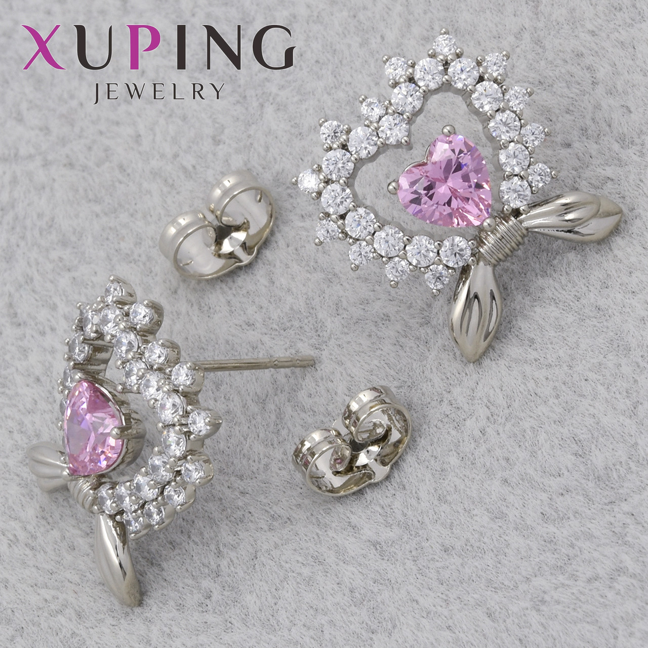 Серёжки гвоздик застежка сребристого цвета XupingJewelry покрыты родием сердечки ушки розовый кристалл 17х17мм
