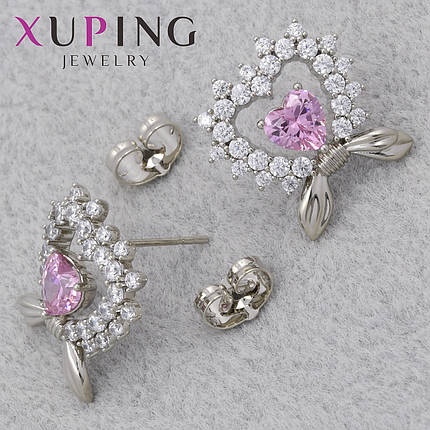 Серёжки гвоздик застежка сребристого цвета XupingJewelry покрыты родием сердечки ушки розовый кристалл 17х17мм, фото 1