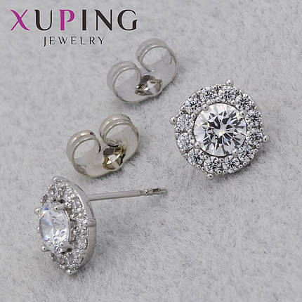 Серёжки гвоздик застежка сребристого цвета Xuping Jewelry покрыты родием с белыми стразами в лапках 10х10 мм, фото 1