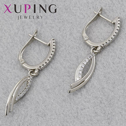 Серёжки женские серебристые фирма Xuping Jewelry родий английская застёжка крученные с стразами 35х2 мм, фото 1