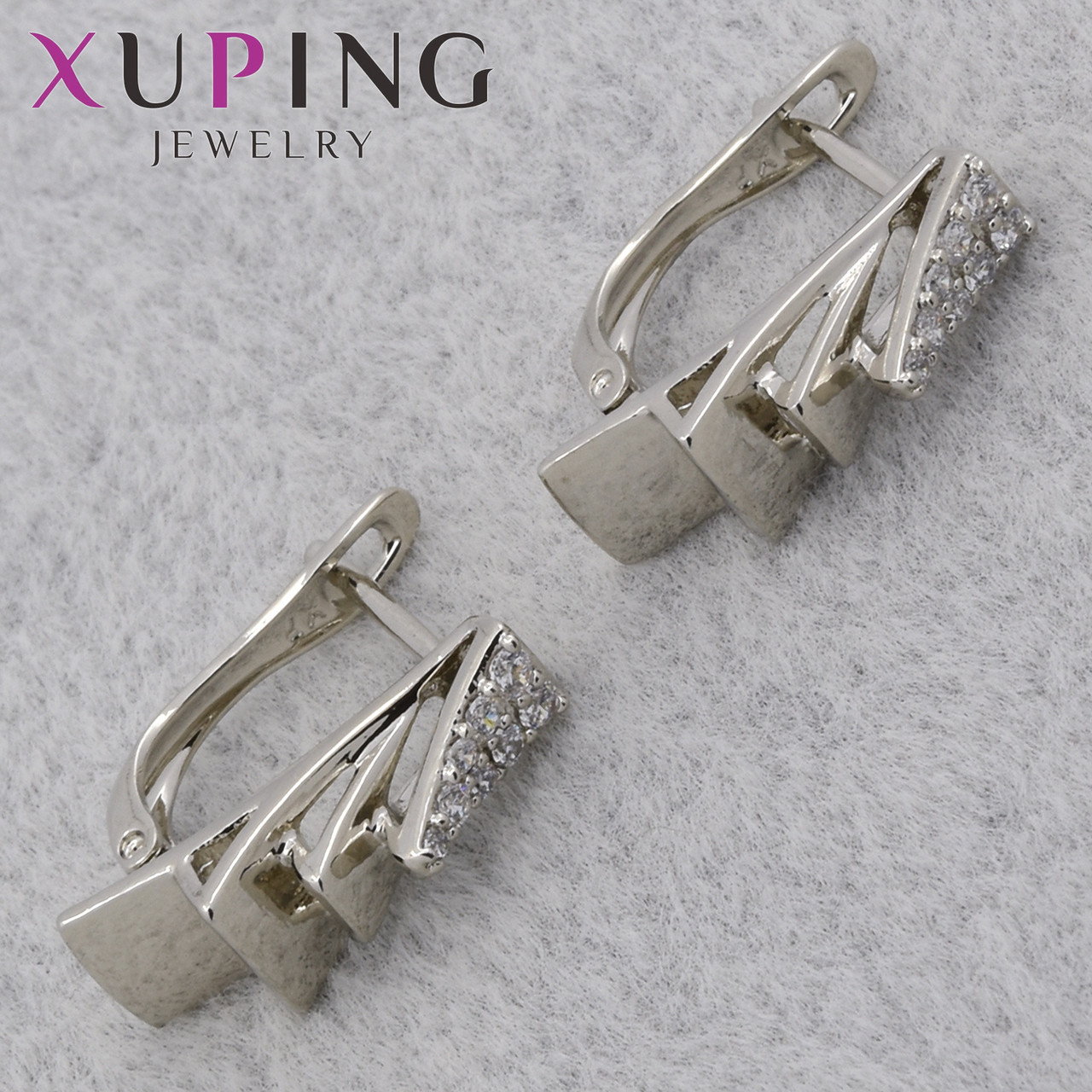 Серёжки женские серебристые фирма Xuping Jewelry родий английская застёжка с кристаллами размер 17х6 мм