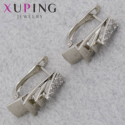Серёжки женские серебристые фирма Xuping Jewelry родий английская застёжка с кристаллами размер 17х6 мм, фото 1
