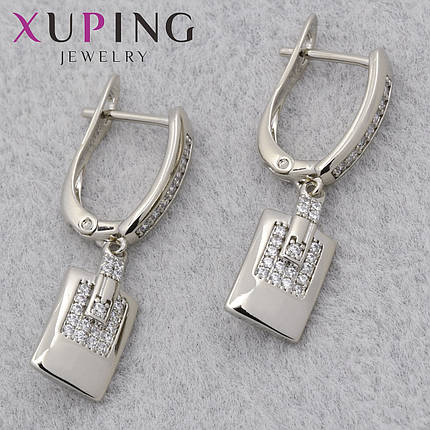 Серёжки женские серебристые фирма Xuping Jewelry родий английская застёжка с белыми стразами размер 25х3 мм, фото 1