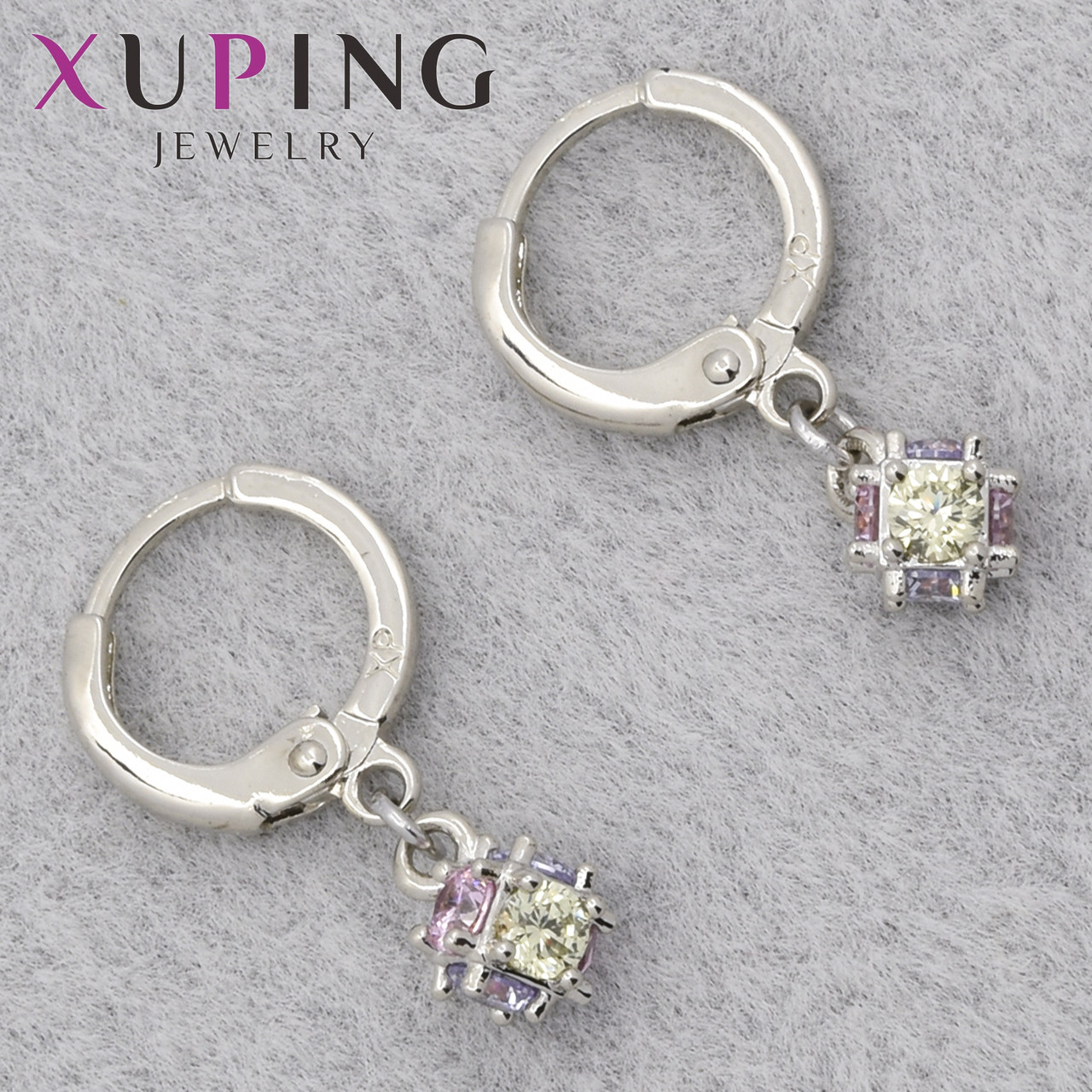 Серёжки кольцо конго серебристого цвета Xuping Jewelry покрыты родием с разноцветными стразами диаметр 11 мм