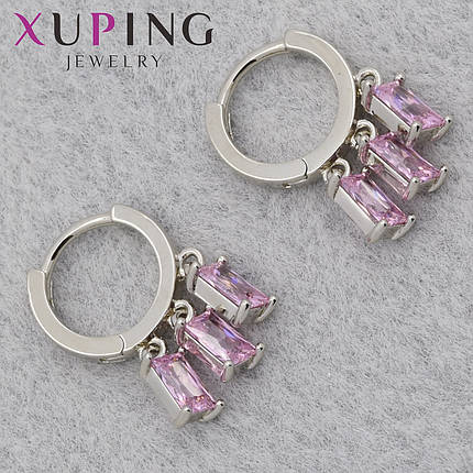 Серёжки кольцо конго серебристого цвета Xuping Jewelry покрыты родием с розовыми кристаллами диаметр 10 мм, фото 1