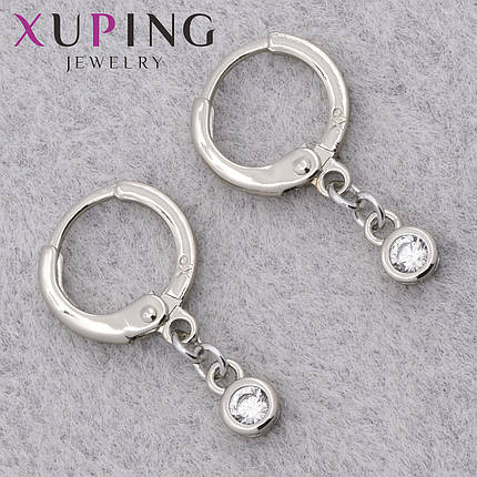 Серёжки кольцо конго серебристого цвета Xuping Jewelry покрыты родием с белыми стразиками диаметр кольца 10 мм, фото 1