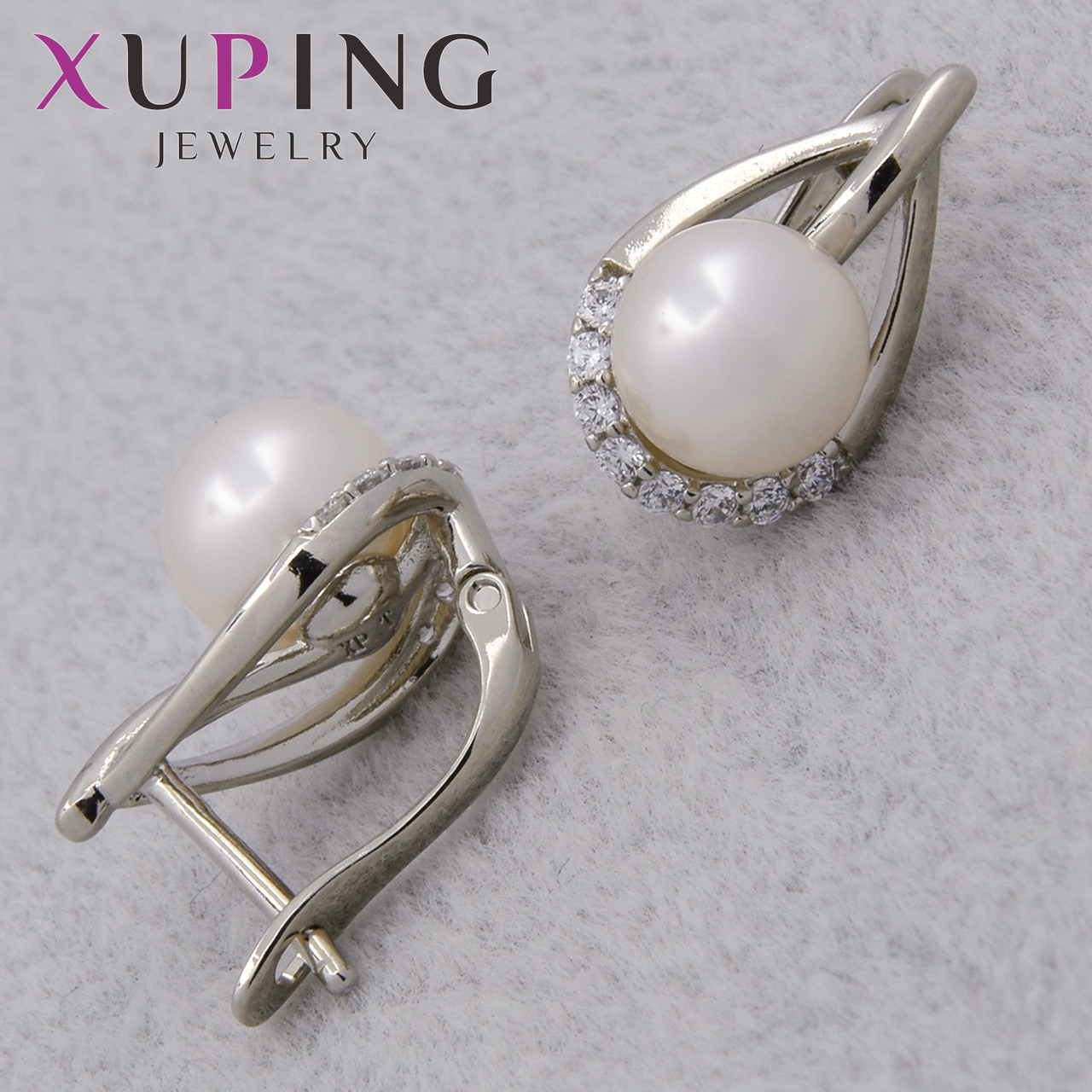 Серёжки женские серебристые фирма Xuping Jewelry родий английская застёжка с стразами и жемчужинами 15х10 мм