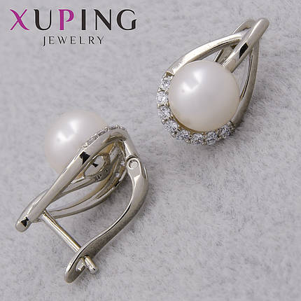 Серёжки женские серебристые фирма Xuping Jewelry родий английская застёжка с стразами и жемчужинами 15х10 мм, фото 1