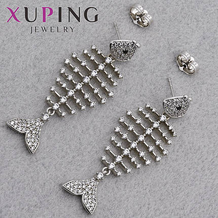 Серёжки гвоздик застежка сребристого цвета Xuping Jewelry покрыты родием скелеты рыбки со стразами 50х17 мм, фото 1
