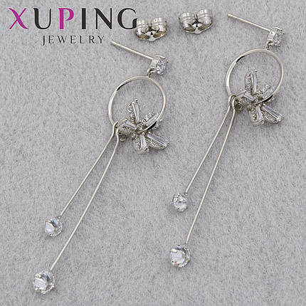 Серёжки гвоздик застежка серебристого цвета Xuping Jewelry покрыты родием висюльки с цветочками длина 60 мм, фото 1