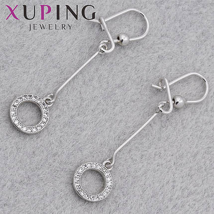 Сережки жіночі сріблясті фірма Xuping Jewelry рідин застібка петля з білими стразами довжина 42 мм, фото 1
