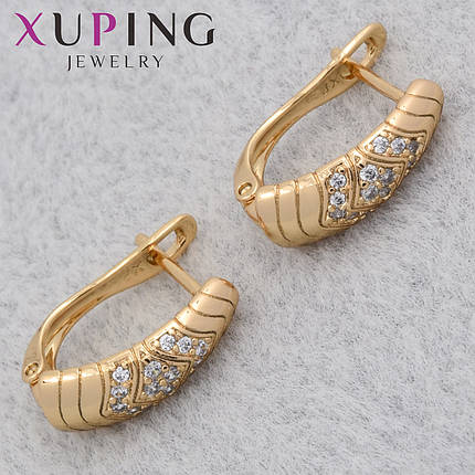 Серёжки женские позолота 18K Xuping Jewelry английская застёжка с белыми стразами и узорами размер 15х6 мм, фото 1