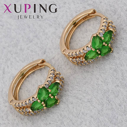 Серёжки женские позолота 18K Xuping Jewelry кольцо конго с изумрудными и белыми стразами диаметр колечка 16 мм, фото 1