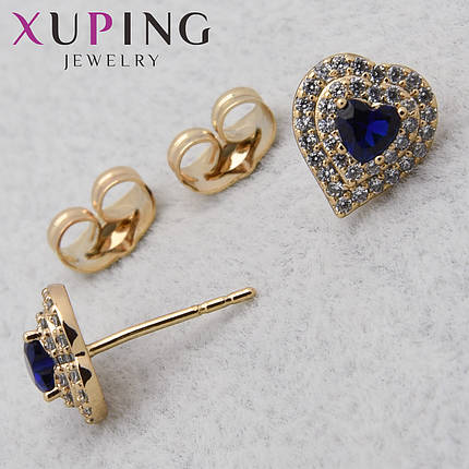 Серёжки женские позолота 18K Xuping Jewelry застёжка гвоздик сердечки с белыми и синими камнями размер 9х9 мм, фото 1