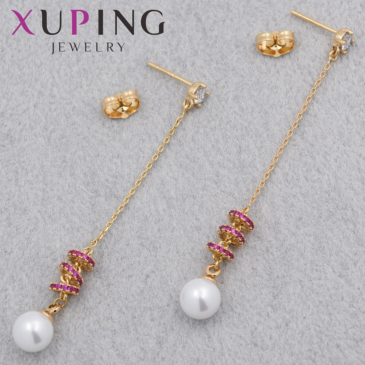 Серёжки женские позолота 18K Xuping Jewelry застёжка гвоздик висюльки с камушками и жемчугом размер 70х4 мм