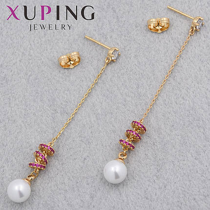 Серёжки женские позолота 18K Xuping Jewelry застёжка гвоздик висюльки с камушками и жемчугом размер 70х4 мм, фото 1
