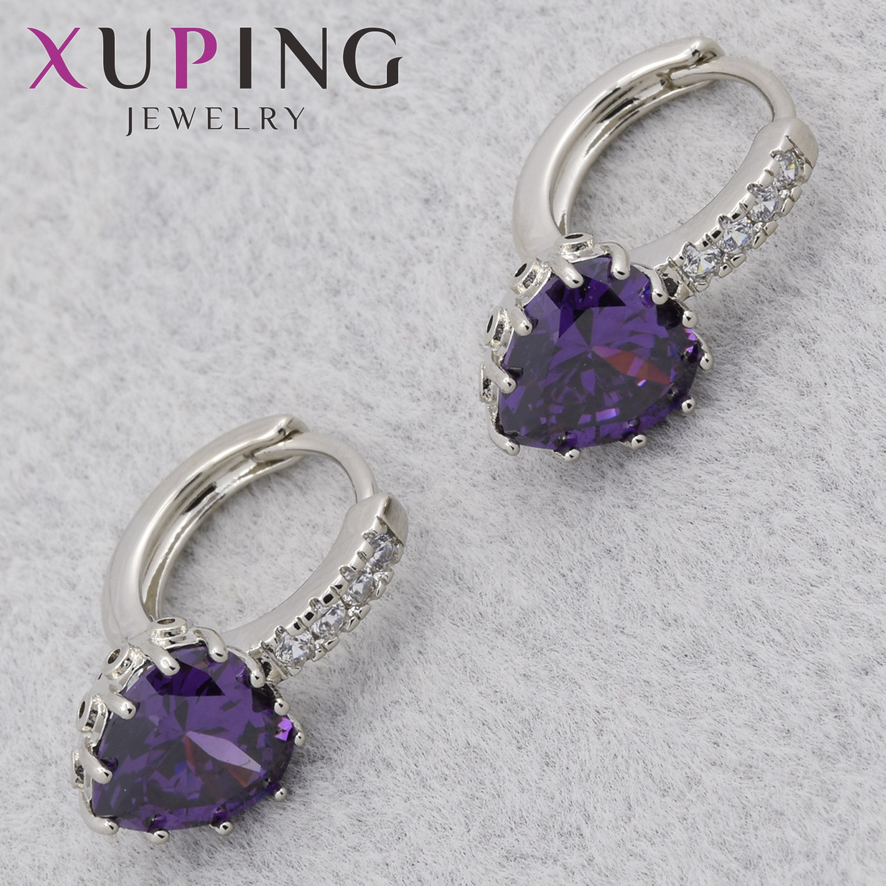 Серёжки женские позолота фирма Xuping Jewelry родий кольцо конго сердца с фиолетовыми стразами размер 13х18 мм