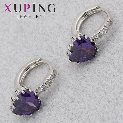 Серёжки женские позолота фирма Xuping Jewelry родий кольцо конго сердца с фиолетовыми стразами размер 13х18 мм, фото 1